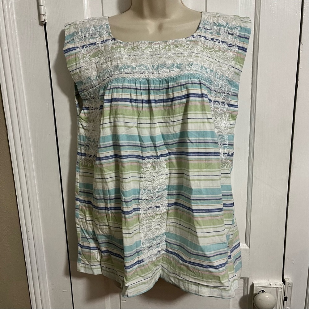 J. Marie Stripe Embroidered Top Green Blue White Cotton Small F